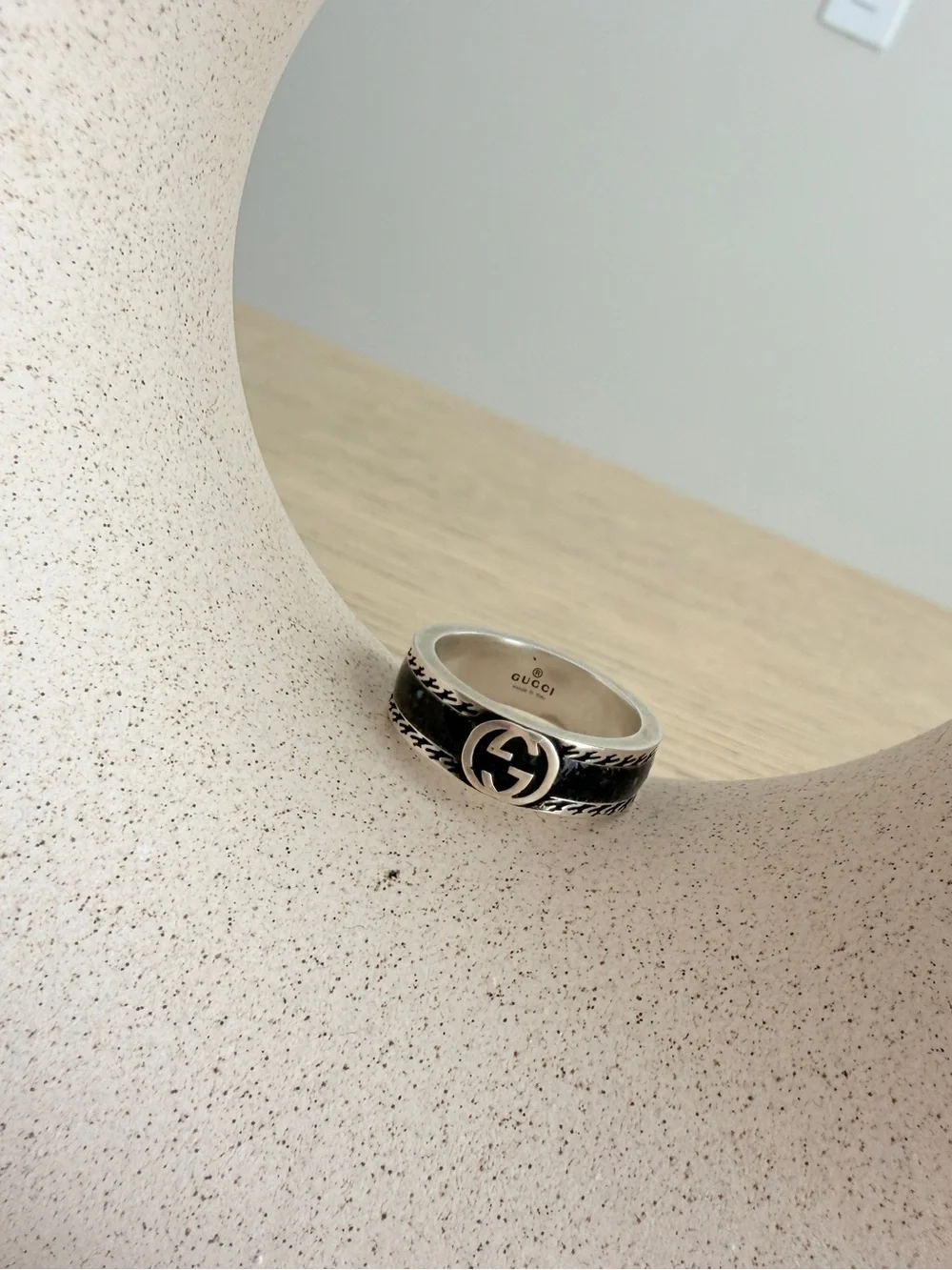 Gucci Interlocking G Black Enamel 925 Sterling Silver Ring 6mm IT 15 / US 7.25